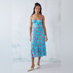 Betsey Johnson Ava Corset Marilyn Rose Blue and Pink Midi Dress